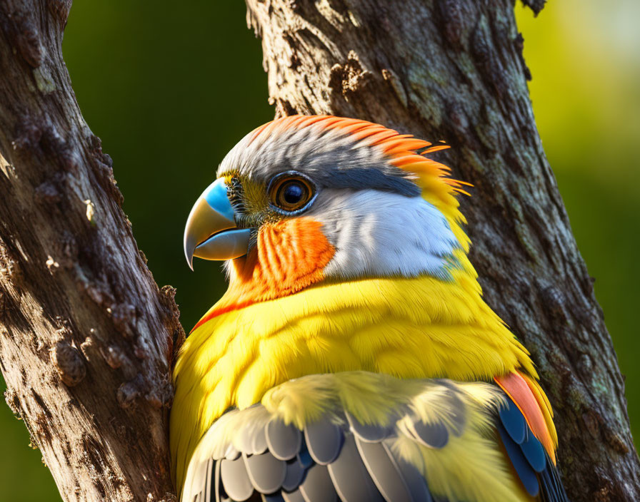 Vibrant parrot with orange cheeks and yellow feathers on tree branch in sunlight