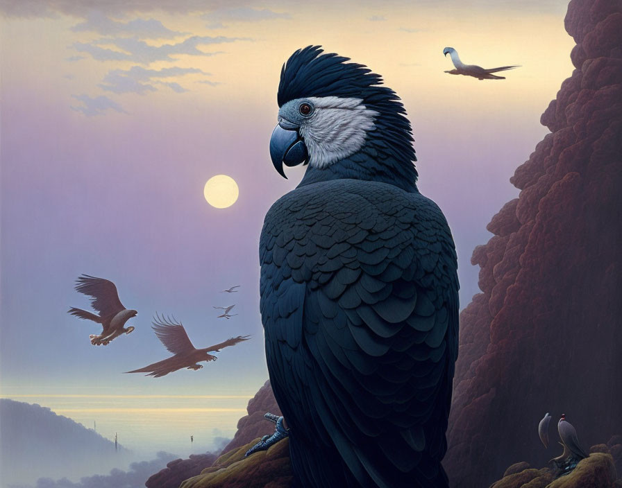 Vibrant blue parrot against serene sunset landscape