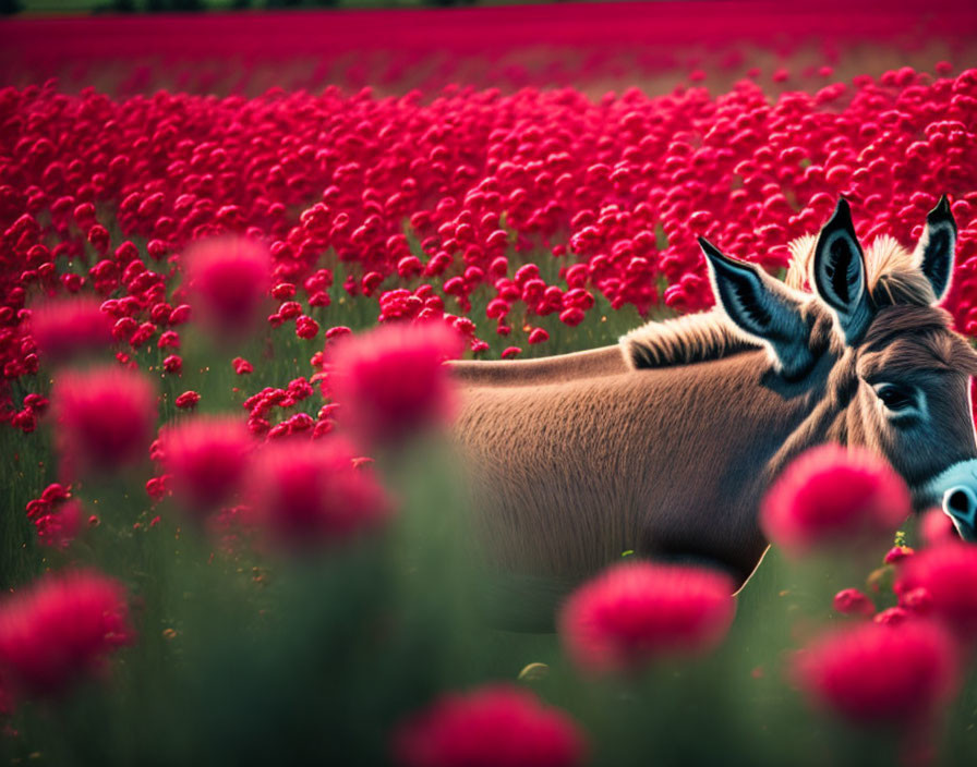 Donkey in Vibrant Red Flower Field with Shallow Depth of Field