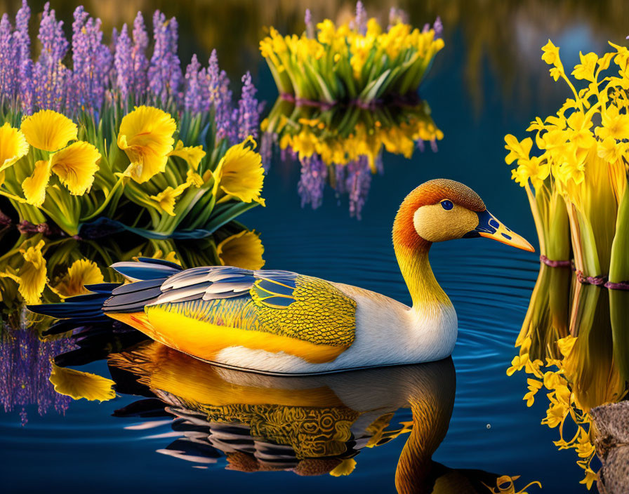 Colorful duck with yellow flowers and lavender reflected in blue water