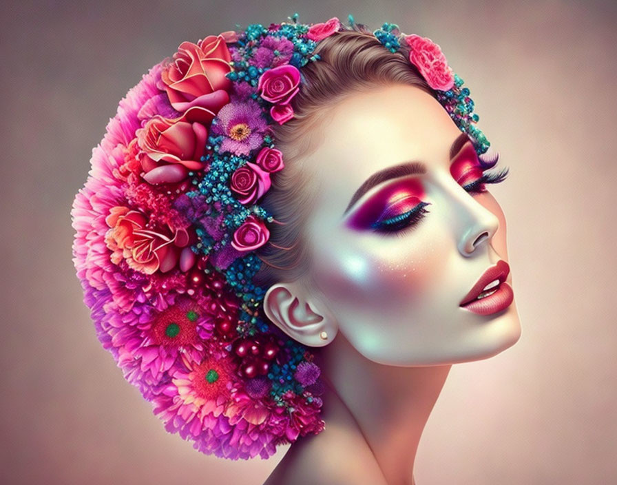 Colorful floral headpiece on woman with vibrant makeup