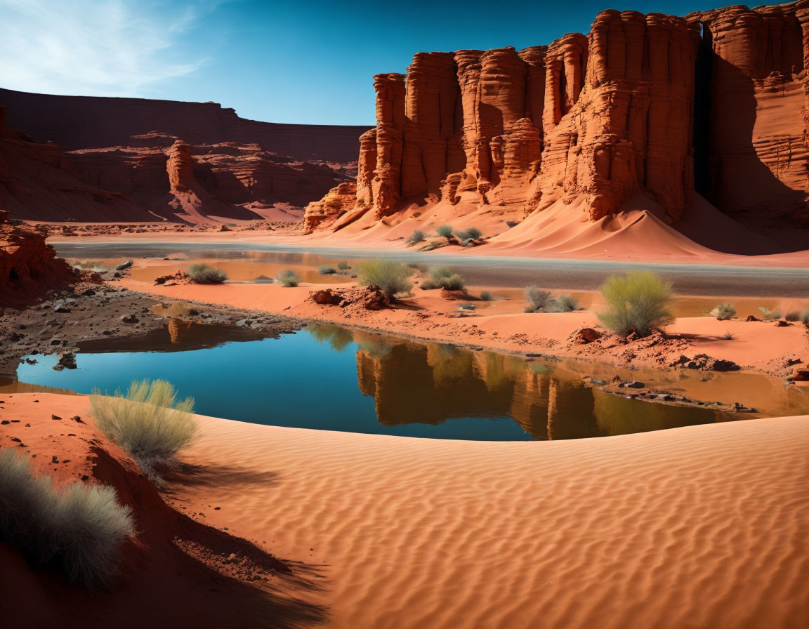 Desert Oasis with Red Cliffs, Blue Water, Green Shrubs, and Sand Dunes