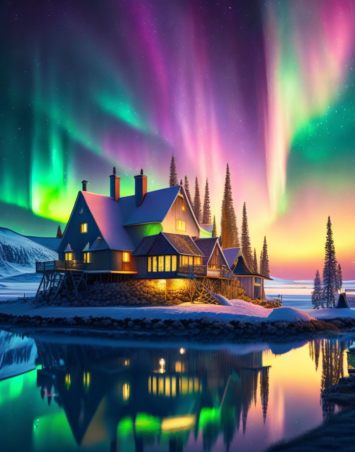 Lakeside cabin under vibrant aurora borealis