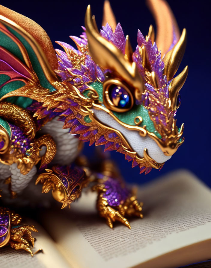 Detailed dragon figurine with gold and purple accents on open book against blue background