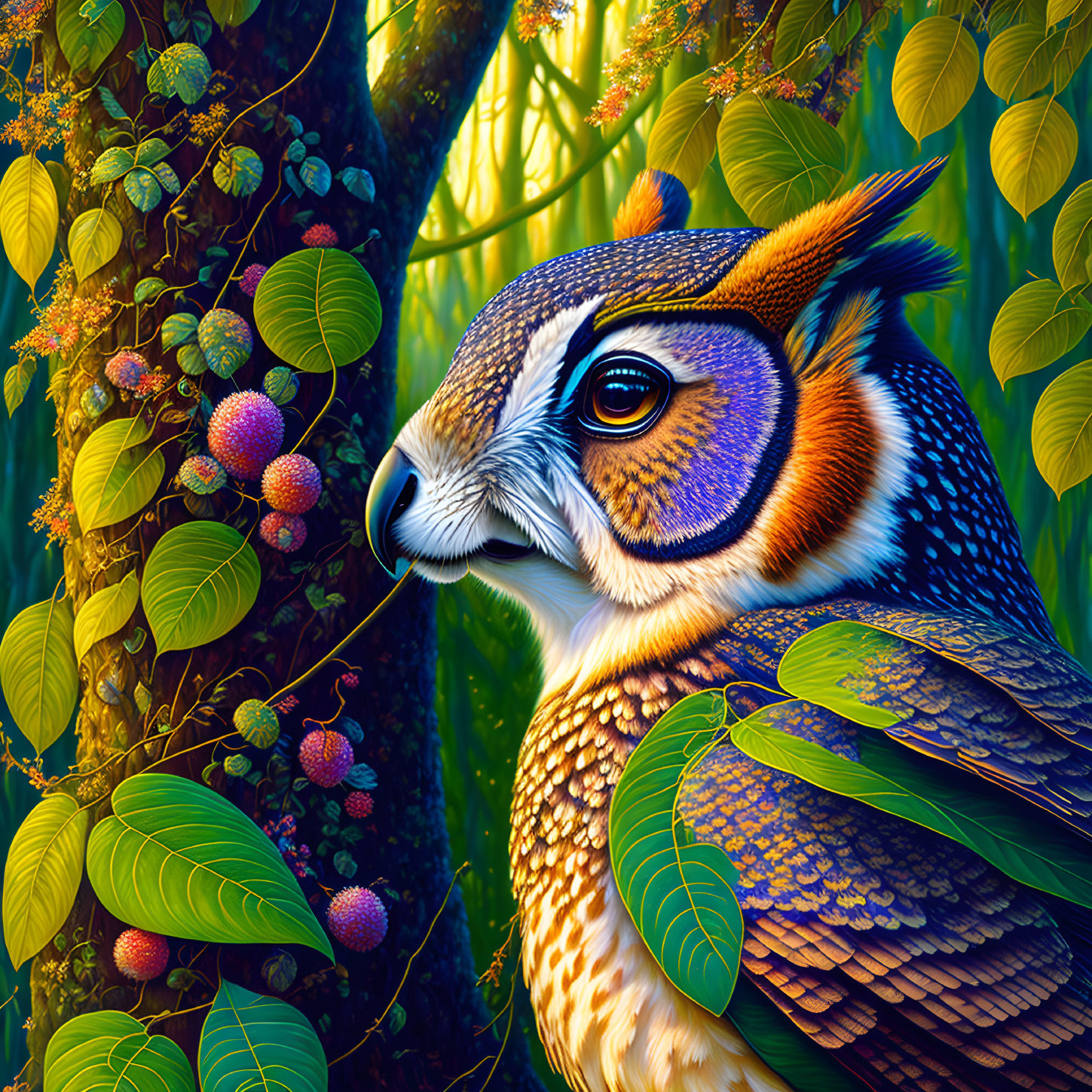 Colorful owl artwork among green foliage and purple berries