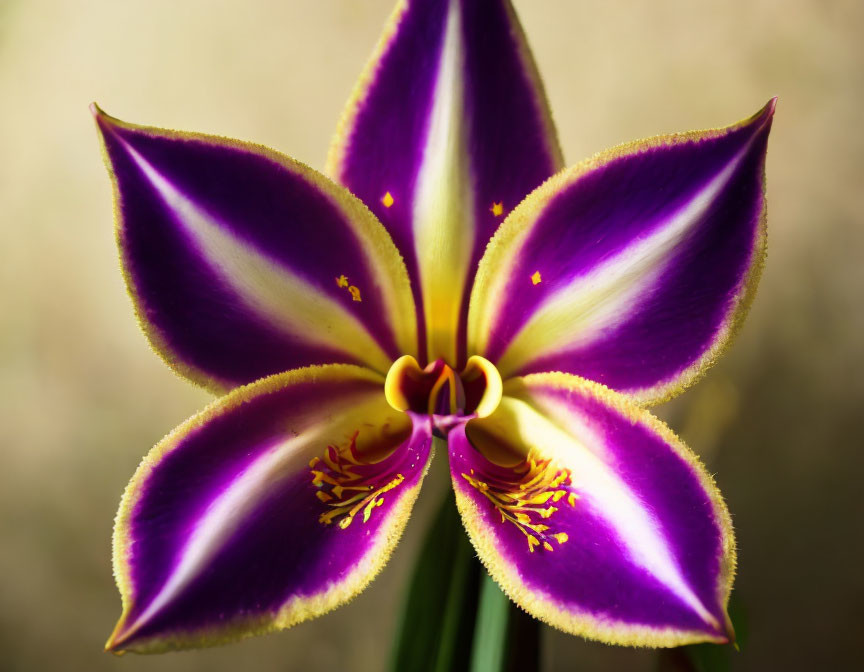 Vibrant purple and yellow tulip with intricate patterns on soft-focus golden background