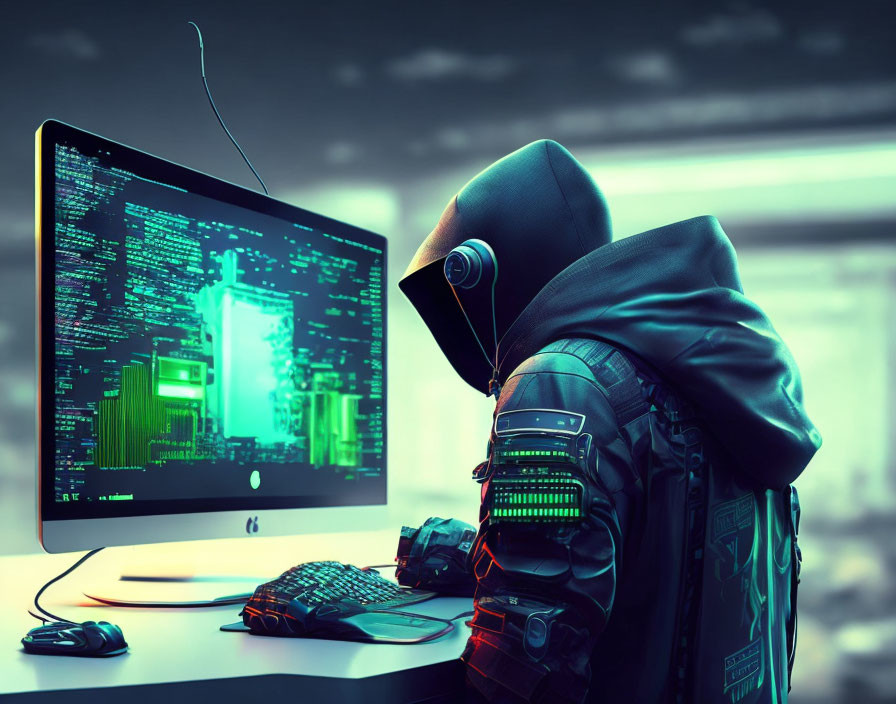 Hooded figure with futuristic backpack in front of iMac with green code