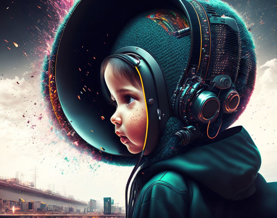 Child in Large Astronaut Helmet Gazing at Galaxy Portal