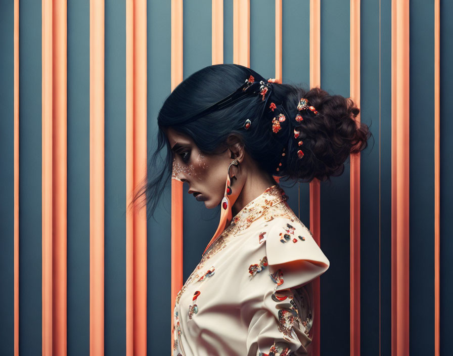 Woman in floral kimono with red flowers in hair on orange backdrop