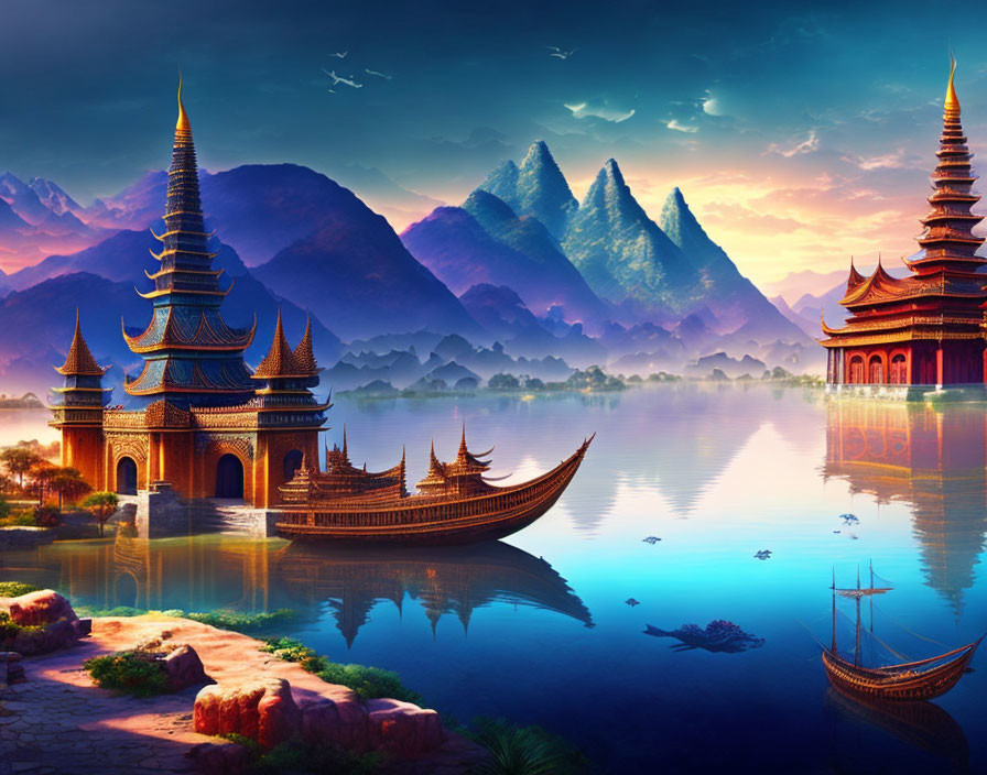 Tranquil fantasy landscape with temples, boats, birds, and mountains at dusk