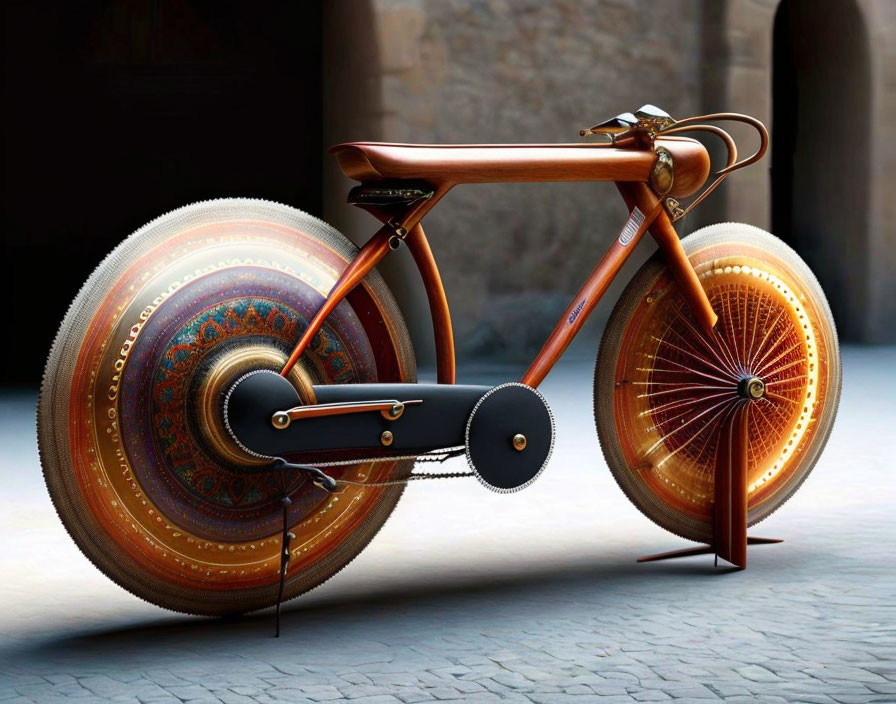 Ornate Bicycle with Intricate Wheels and Wooden Frame on Cobblestone Surface