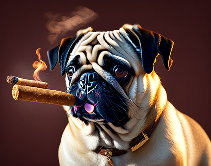 Stylized pug dog with cigar emitting smoke on dark brown background