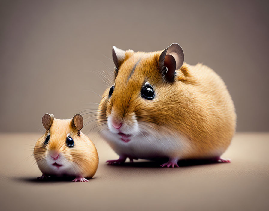 Stylized cartoonish rodents on brown backdrop with curious expressions