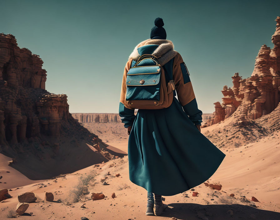 Person in winter coat and beanie gazes at desert landscape with rock formations