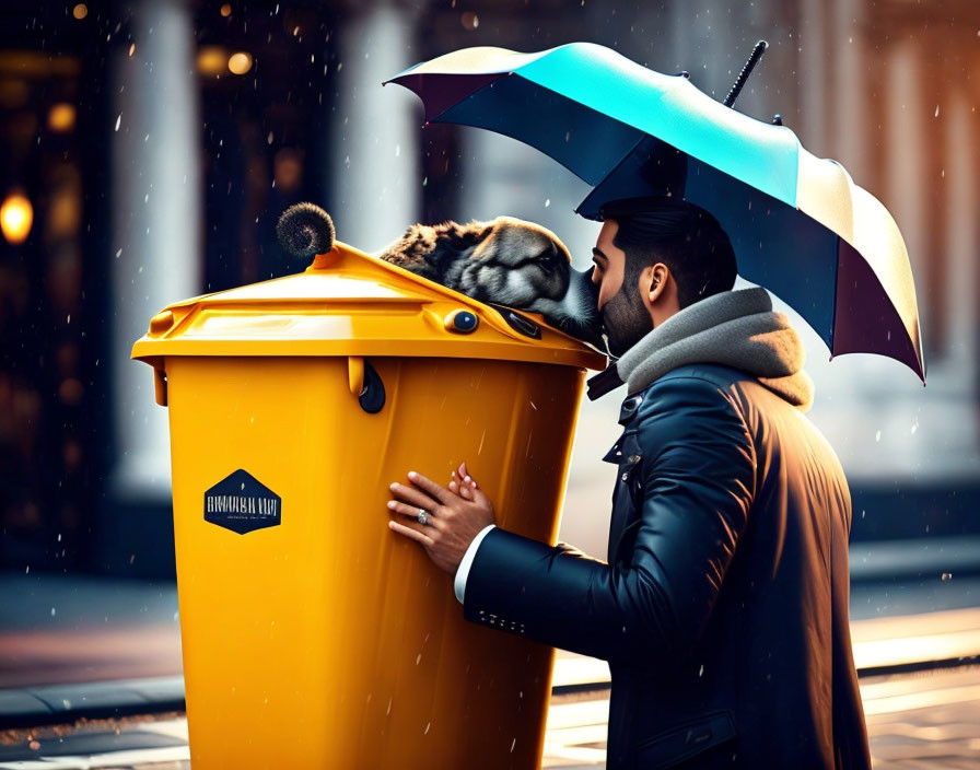 Man under striped umbrella with raccoon in yellow garbage bin in snowfall