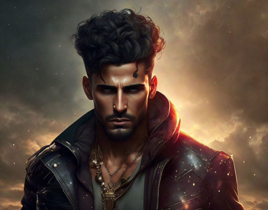 Digital artwork of man with curly hair and leather jacket against cosmic backdrop