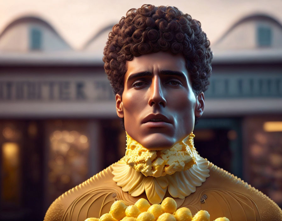 Intricate golden Elizabethan ruff on man with vintage building backdrop