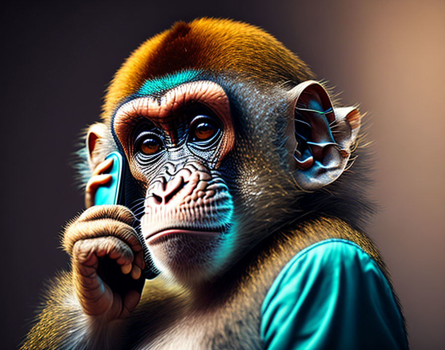 Vibrant close-up of baboon with blue and orange face, green garment, holding object to