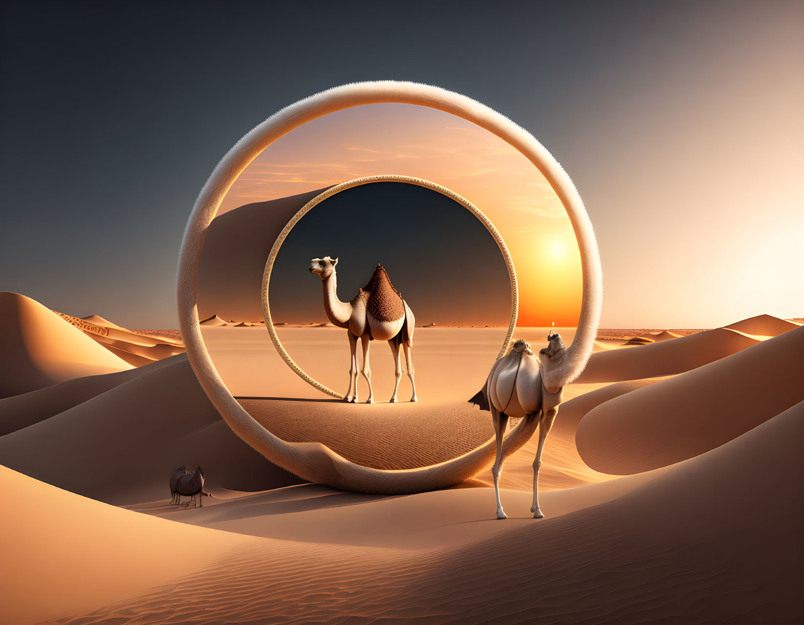 Surreal desert landscape with camels and circular mirror at sunset