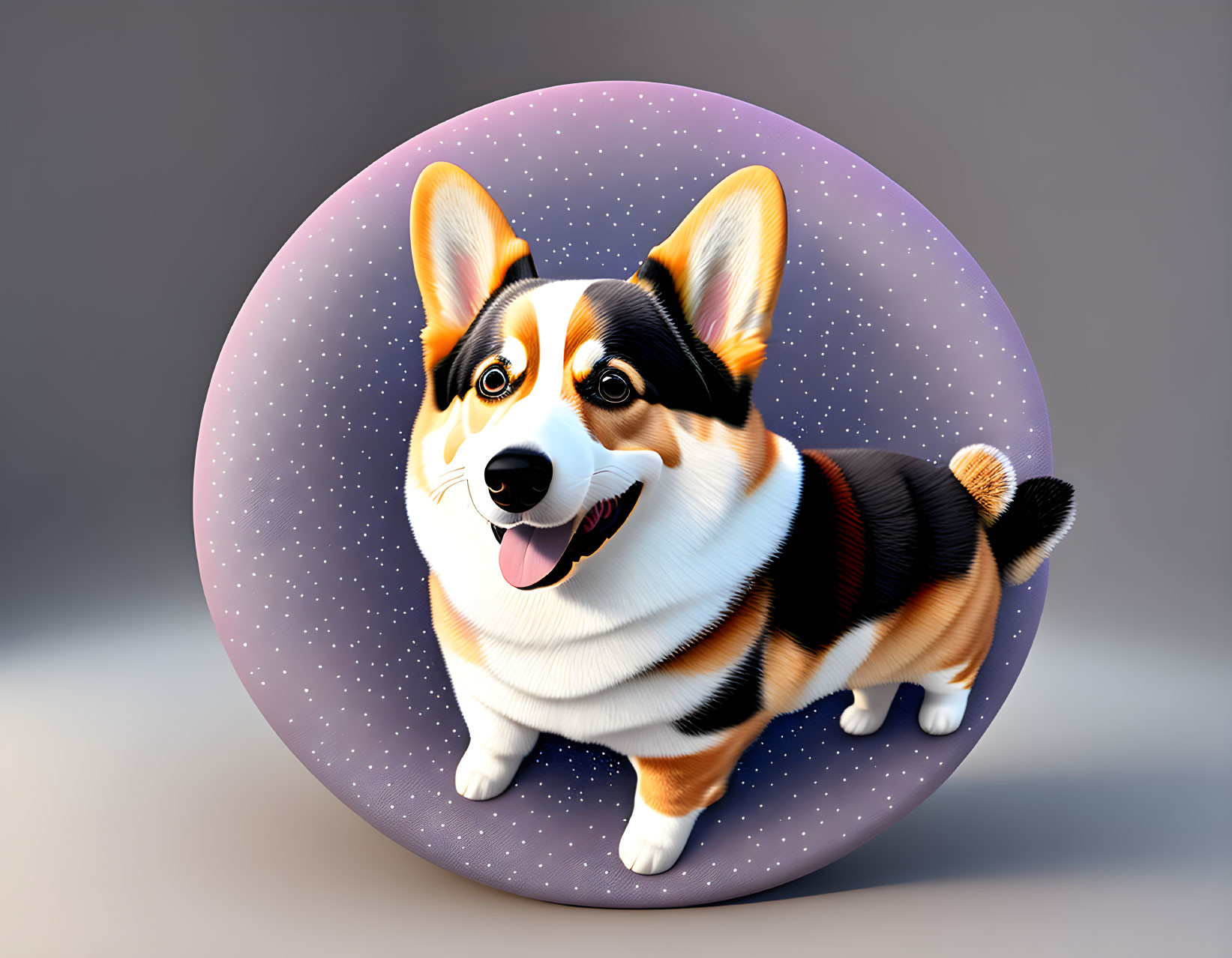 Stylized illustration of cheerful Corgi in spherical boundary on starry gradient background