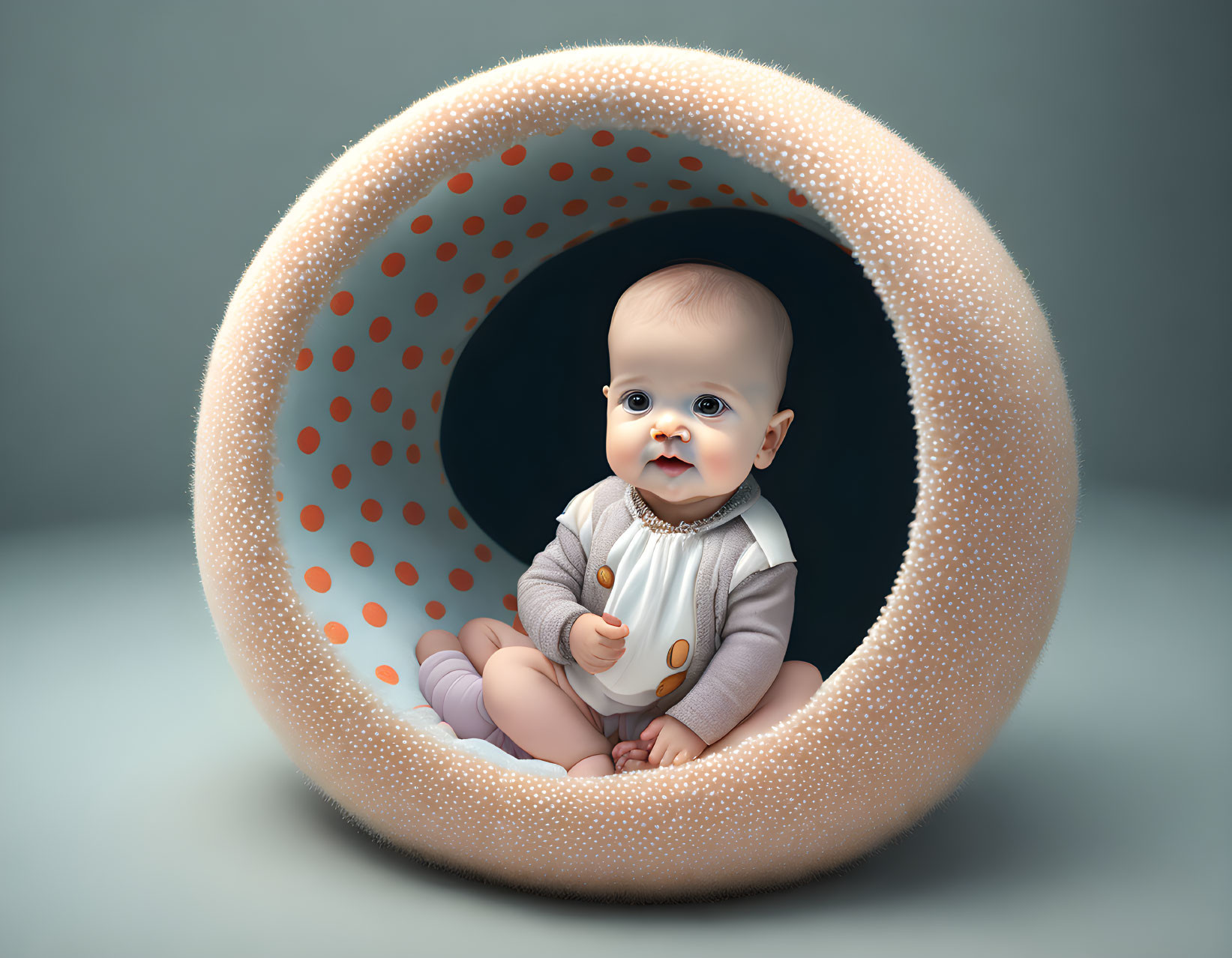 Curious infant in spherical structure with biscuit