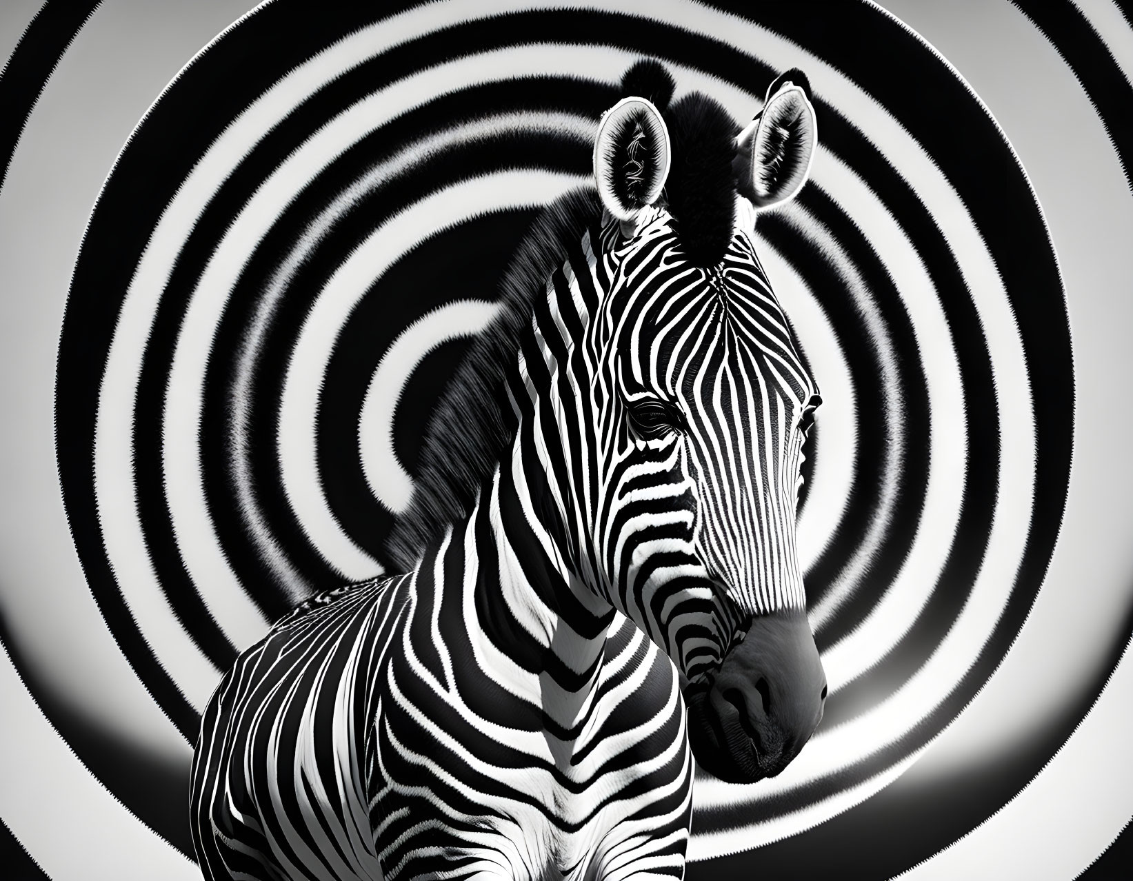 Striped zebra blending into swirling black and white background