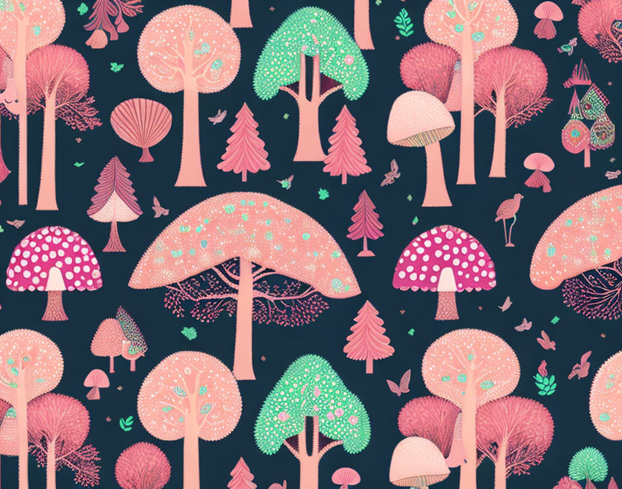 Whimsical pink and teal mushroom and tree illustration on dark background