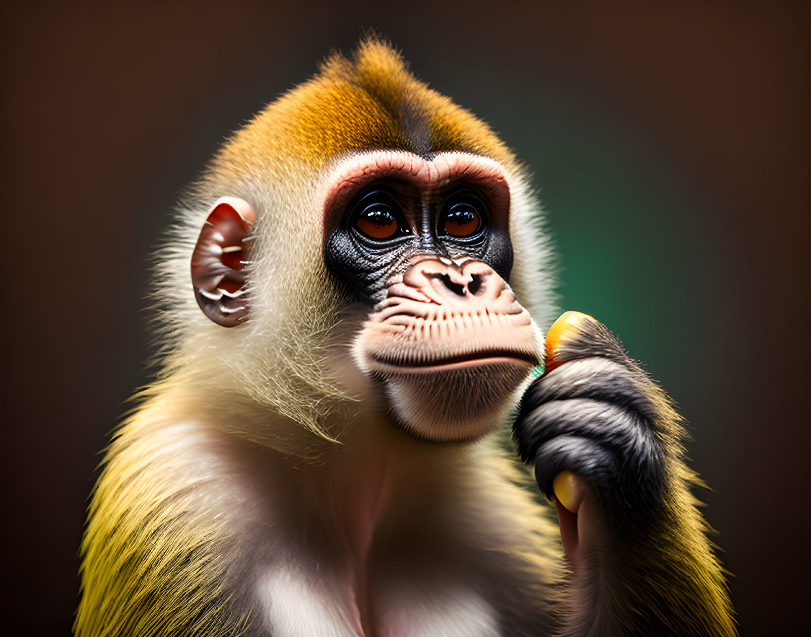 Colorful monkey with striking eyes and tail against warm background