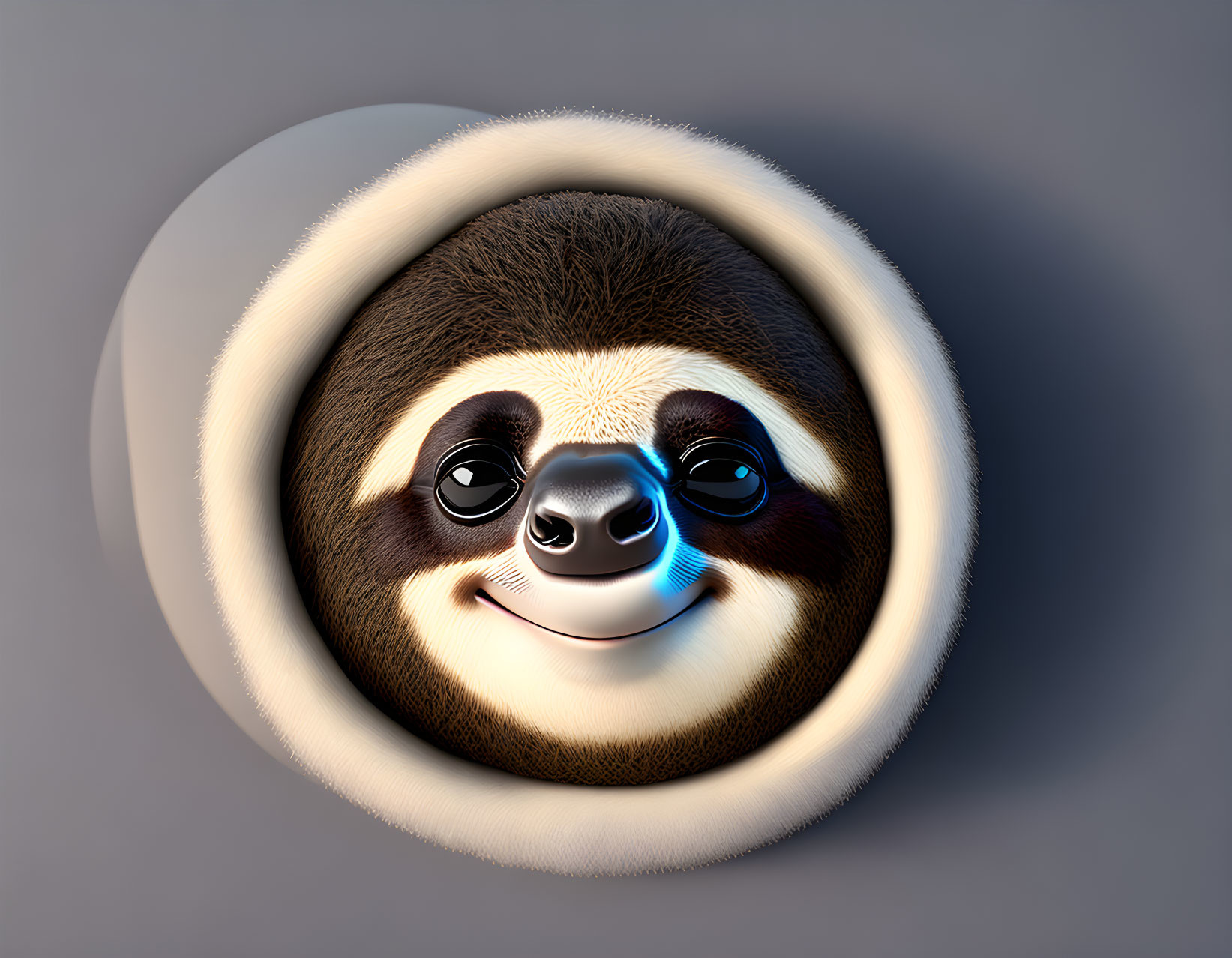 Stylized sloth face with large shiny eyes on gray background