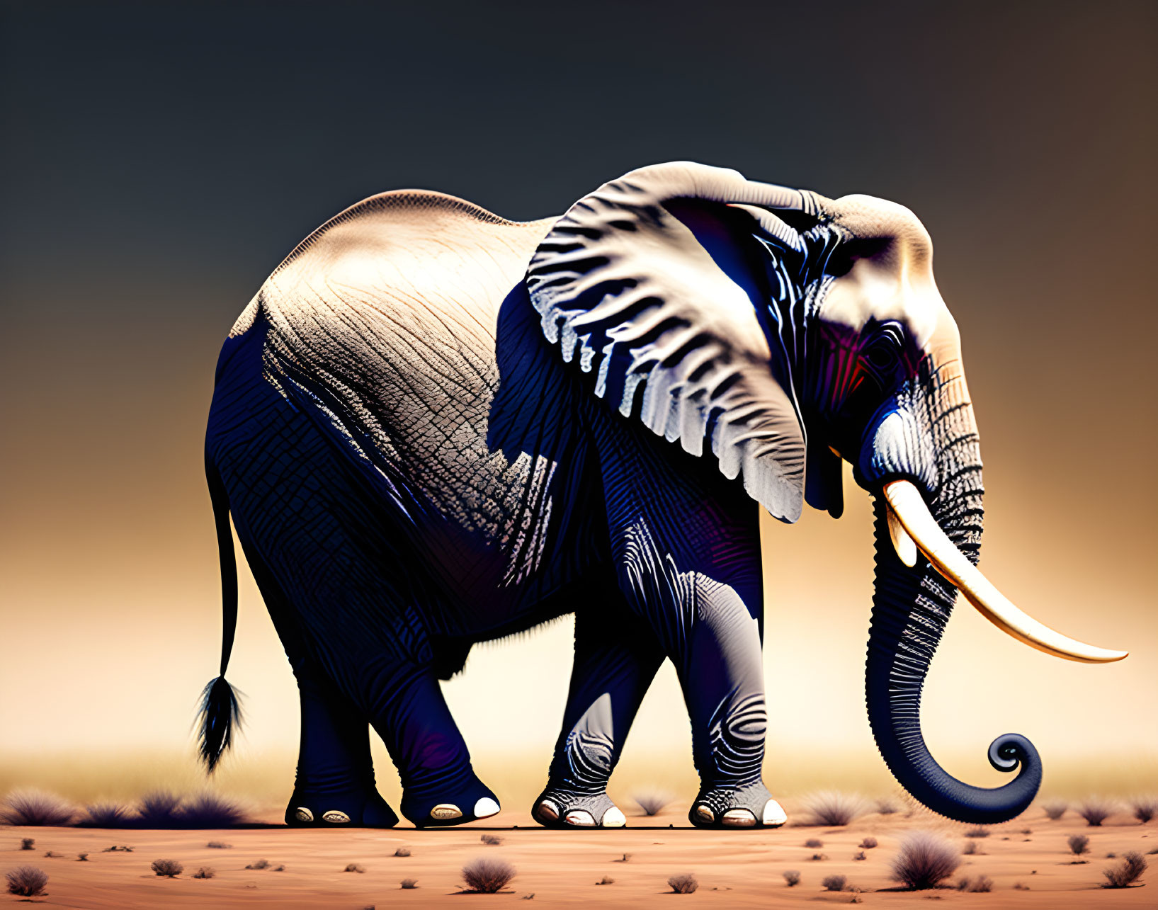 Detailed elephant illustration with intricate patterns on orange desert background