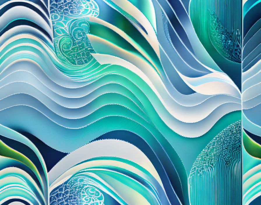 Blue and Green Abstract Digital Artwork with Wavy Lines and Swirls