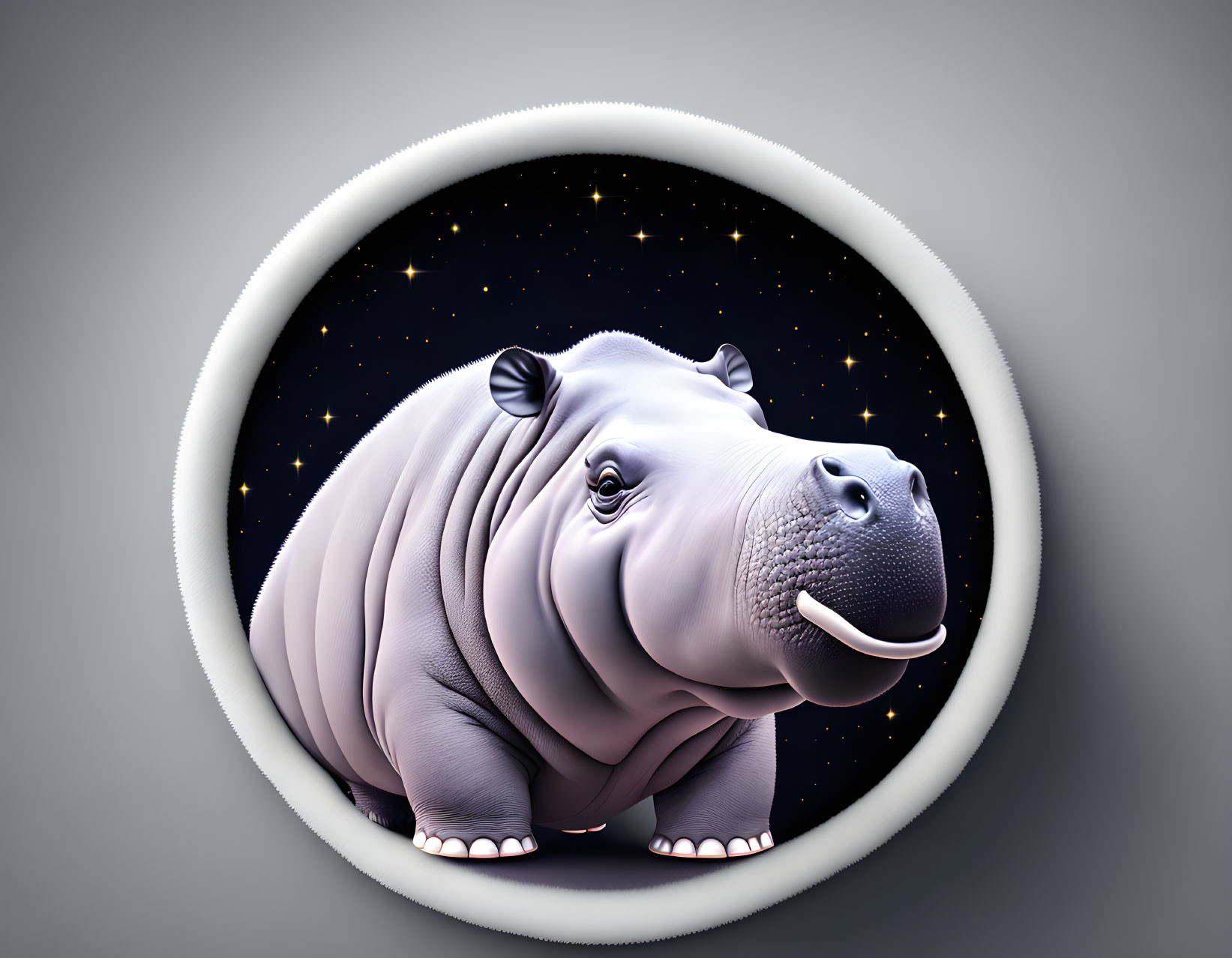 Stylized hippopotamus illustration under starry sky in oval frame