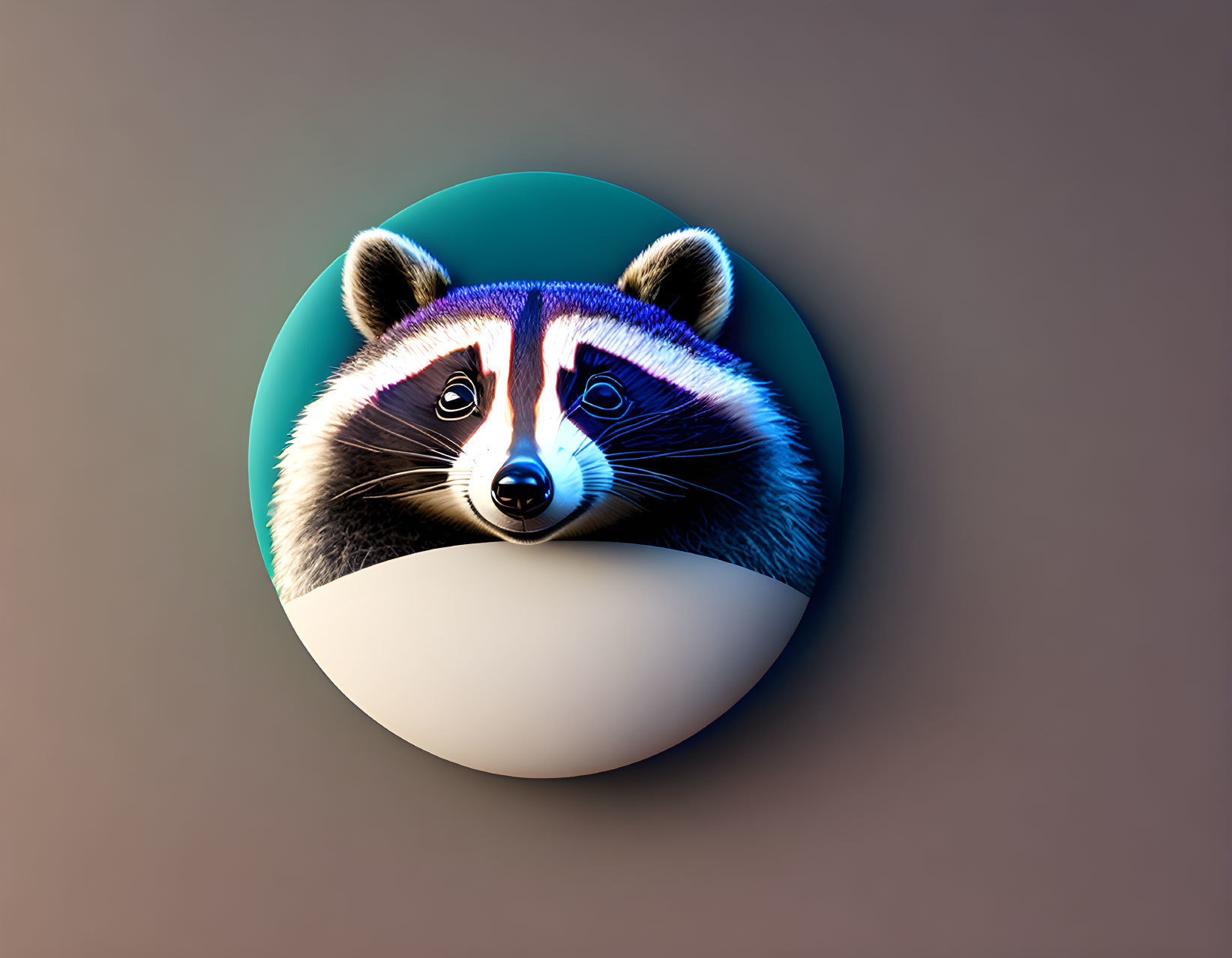 Stylized raccoon face in teal and white sphere on taupe background