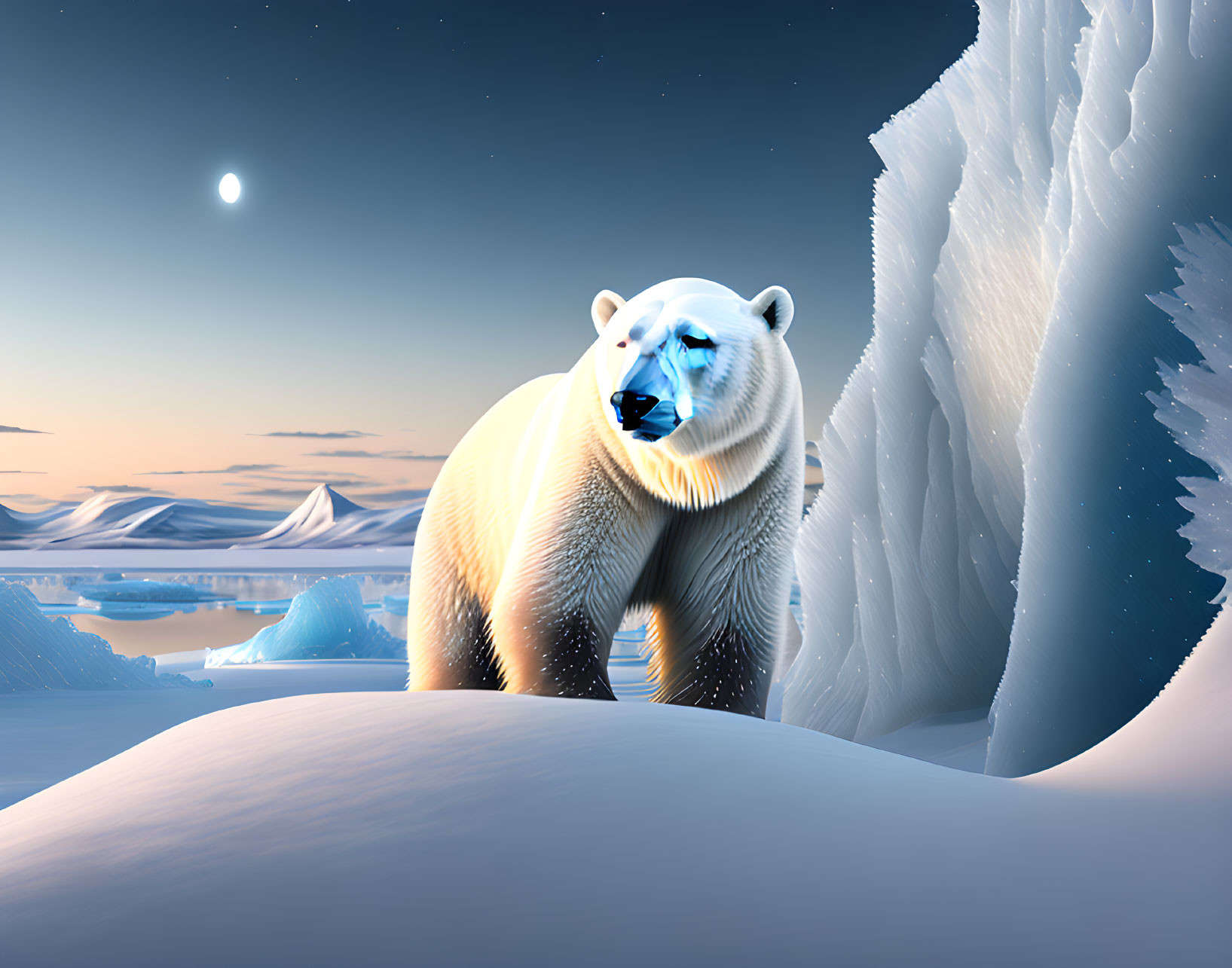 Polar bear on snowy terrain with icebergs under twilight sky