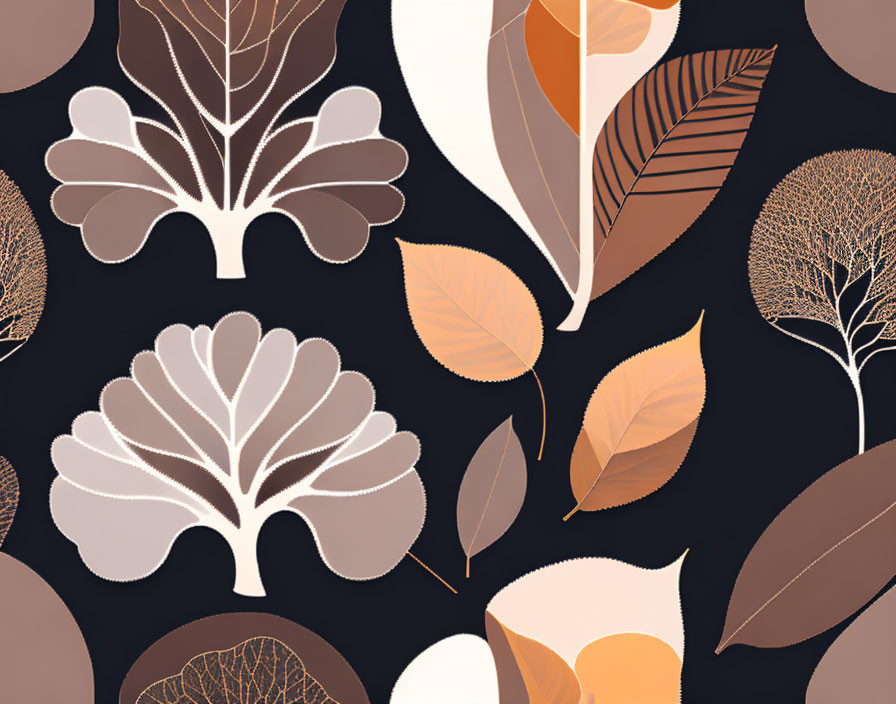 Abstract Autumnal Leaves and Trees Pattern on Dark Background