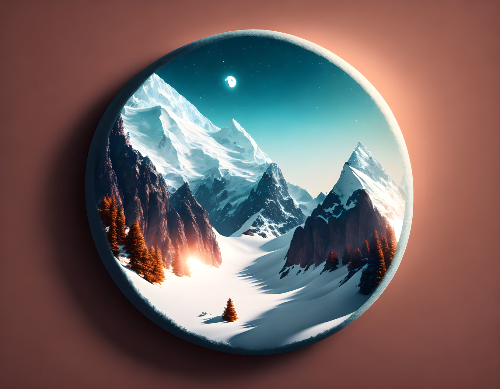 Circular Frame of Snow-Covered Mountain Landscape at Twilight