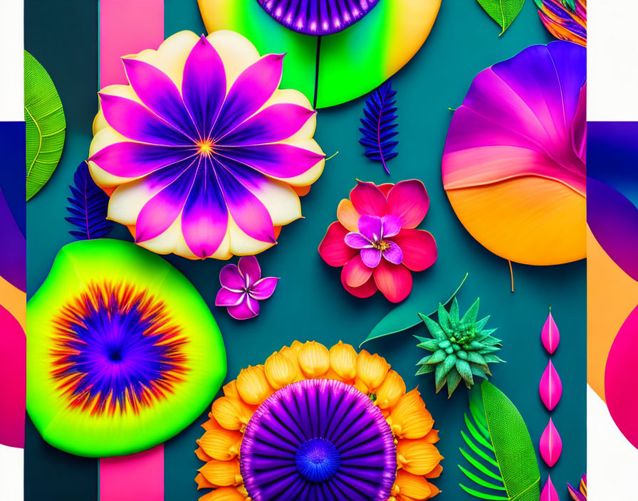 Colorful digital artwork of stylized flowers and tropical leaves on teal background