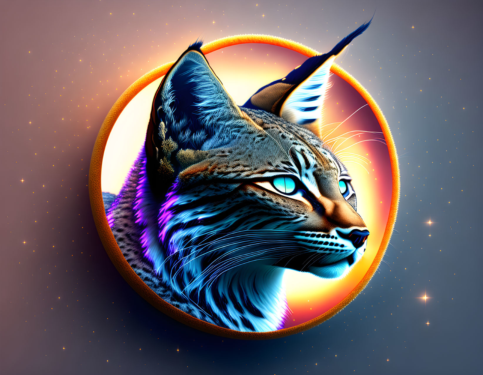 Colorful Stylized Cat Artwork with Cosmic Background in Circular Frame