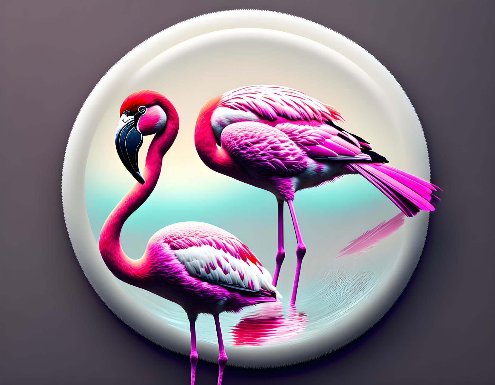 Vibrant pink flamingos with stylized effect on soft grey background