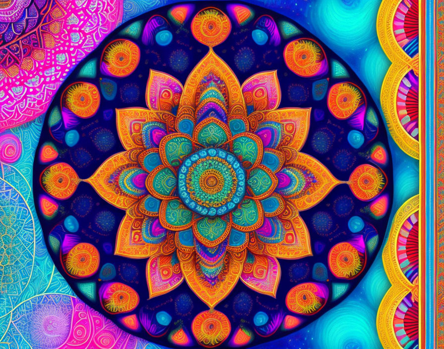 Colorful neon mandala art with intricate patterns on psychedelic background