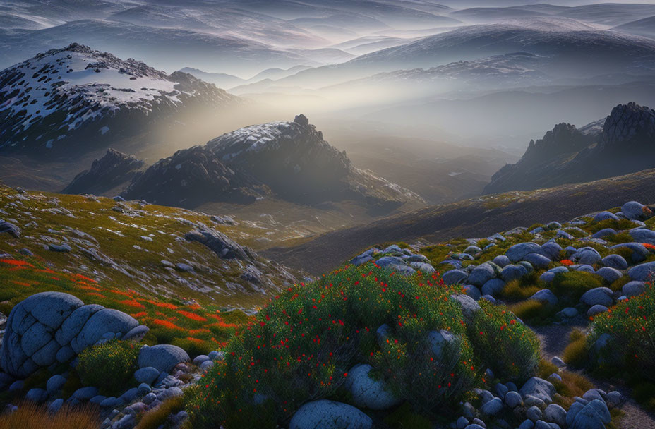 Mountainous Landscape at Sunrise with Red Flowers and Misty Hills