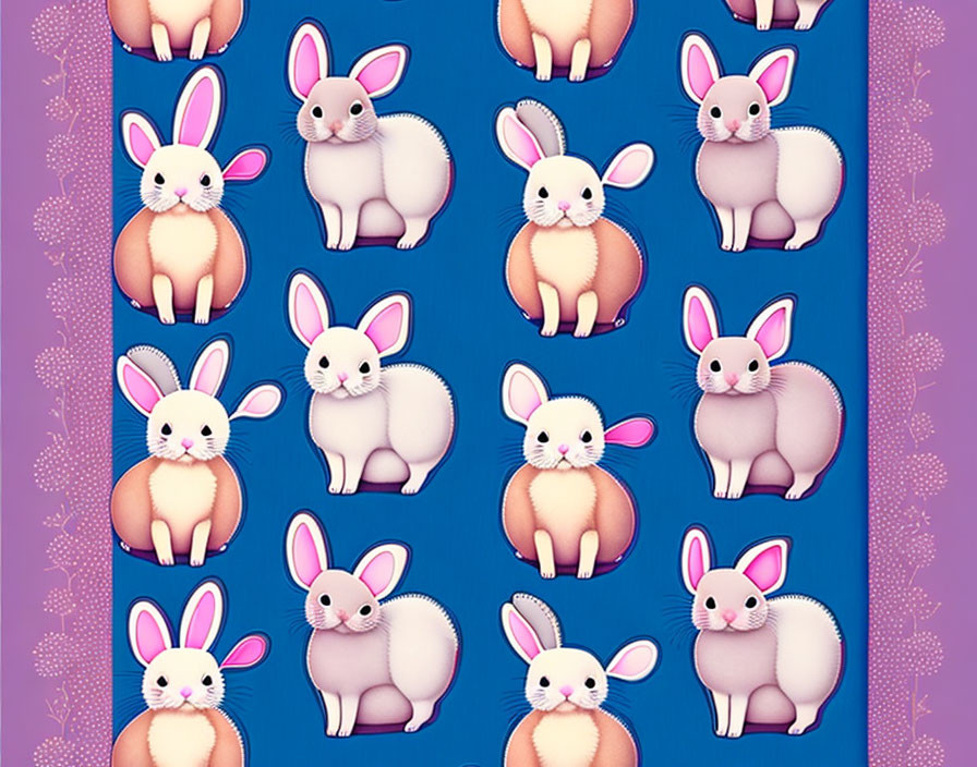 Cartoon rabbits pattern with pink accents on blue background