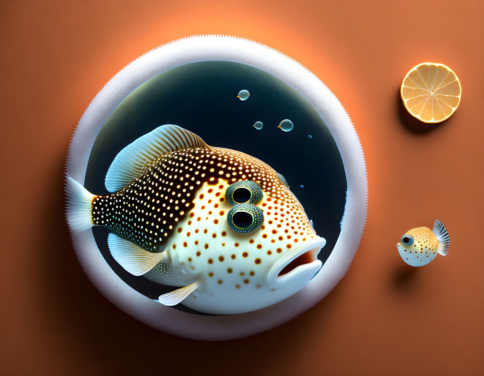 Surreal illustration of starry fish in space with lemon slice