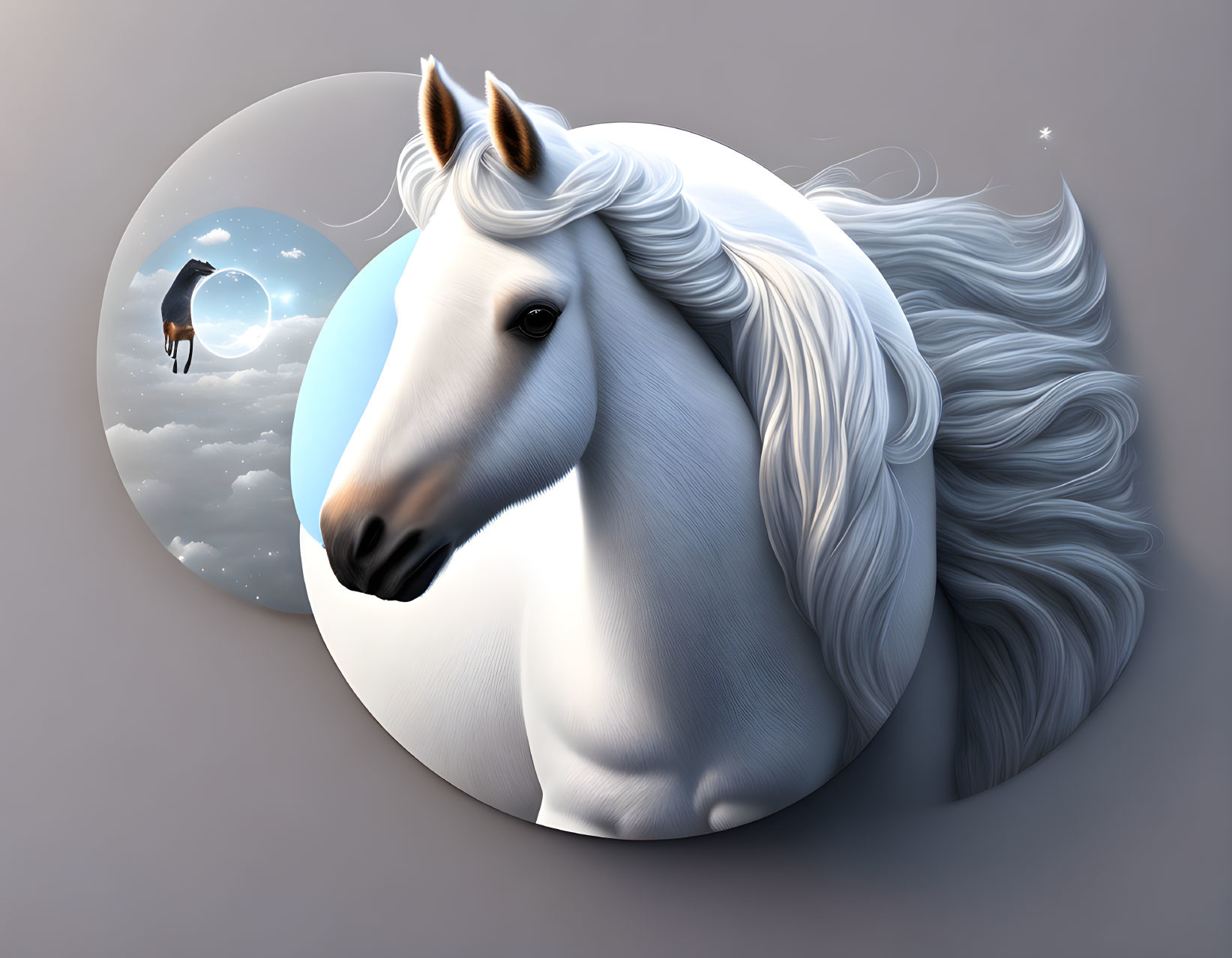 White horse with flowing mane in circular frame beside moonlit sky horse.