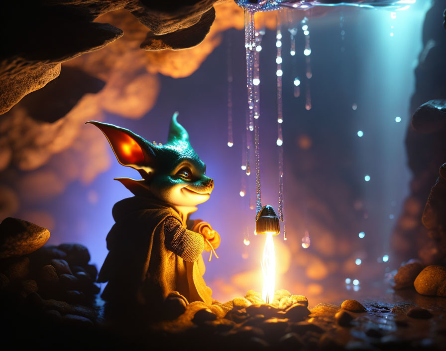 Fantasy imp creature with lantern in cave with blue light.