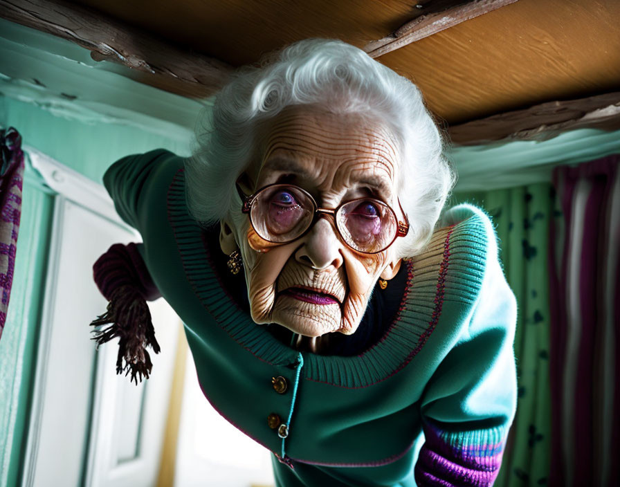 Elderly woman with white hair and glasses in teal cardigan gazes down.