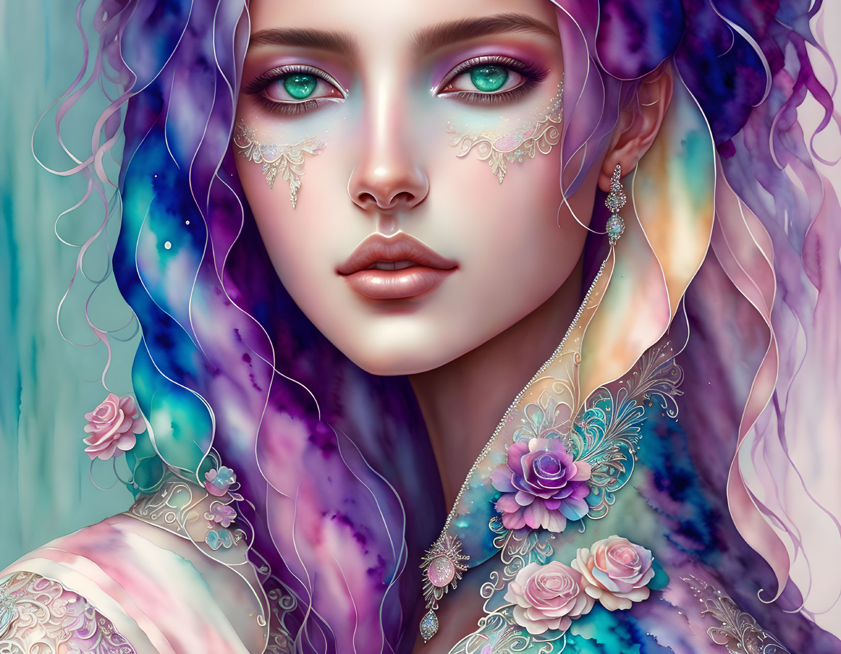 Celestial-themed makeup, green eyes, purple hair, floral attire illustration