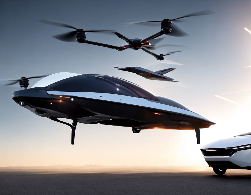 Futuristic flying car hovers over conventional car against dusky sky