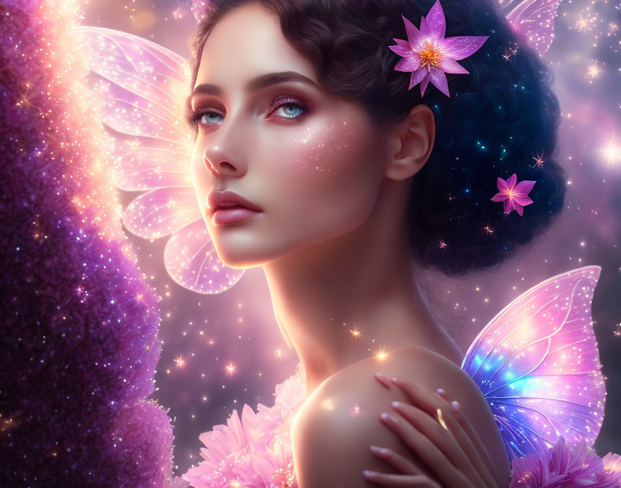 Fantasy illustration of a woman with elfin features and butterfly wings in a floral setting