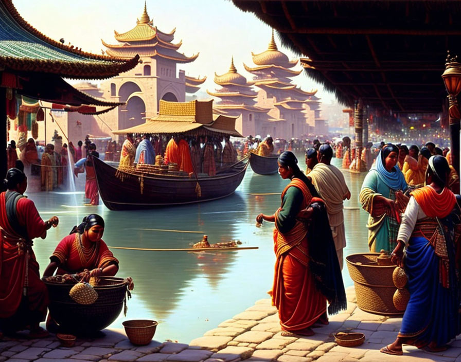 Traditional Asian marketplace scene by river with boats and ancient architecture